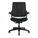 Crate & Barrel Humanscale® Smart Ocean Blue Wool Office Chair shown from the front with a black mesh back, blue wool seat, and caster wheels