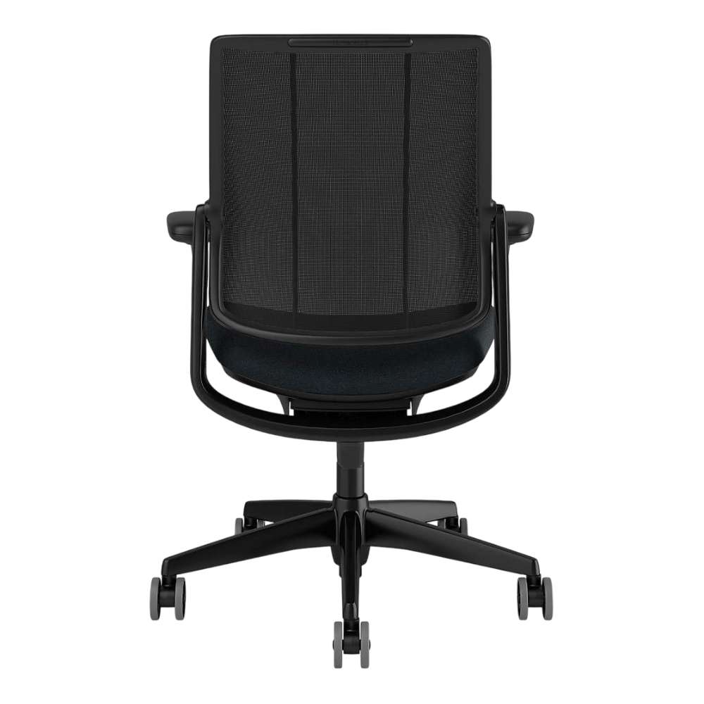Crate & Barrel Humanscale® Smart Ocean Blue Wool Office Chair shown from the rear with a full view of the mesh back and five-wheel rolling base