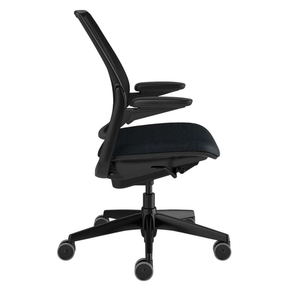 Crate & Barrel Humanscale® Smart Ocean Blue Wool Office Chair shown from the side, highlighting its slim profile, adjustable armrests, and padded seat