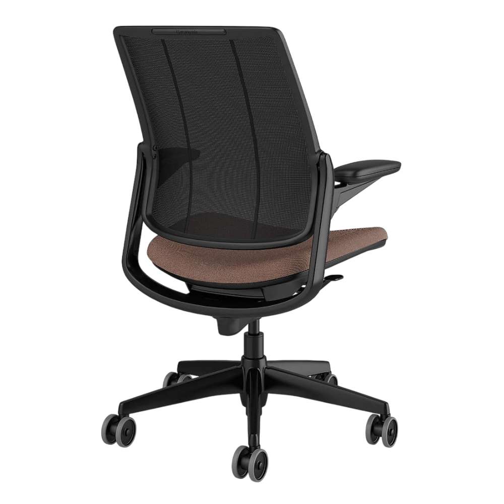 Crate & Barrel Humanscale® Smart Ocean Brown Twill Office Chair shown from the back with a black mesh backrest, brown fabric seat, and rolling base
