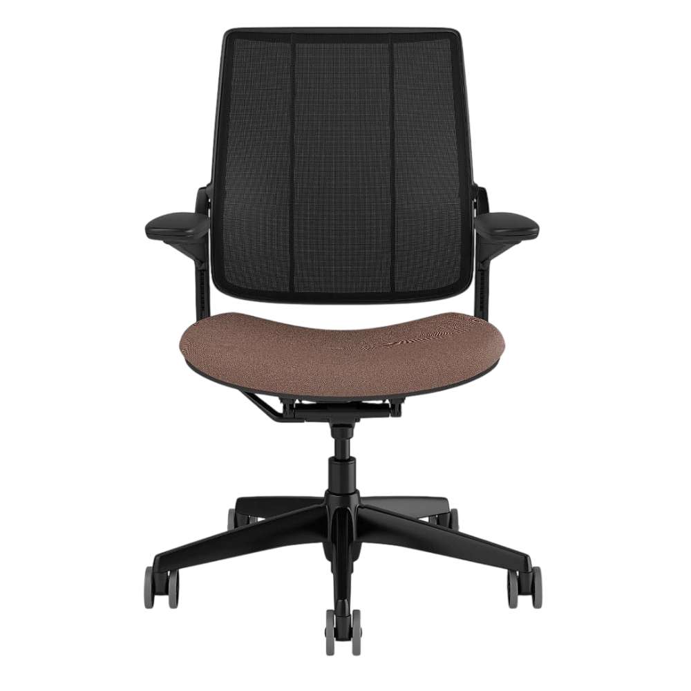 Crate & Barrel Humanscale® Smart Ocean Brown Twill Office Chair shown from the front with a black mesh back, brown upholstered seat, and caster wheels
