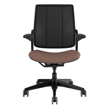 Crate & Barrel Humanscale® Smart Ocean Brown Twill Office Chair shown from the front with a black mesh back, brown upholstered seat, and caster wheels