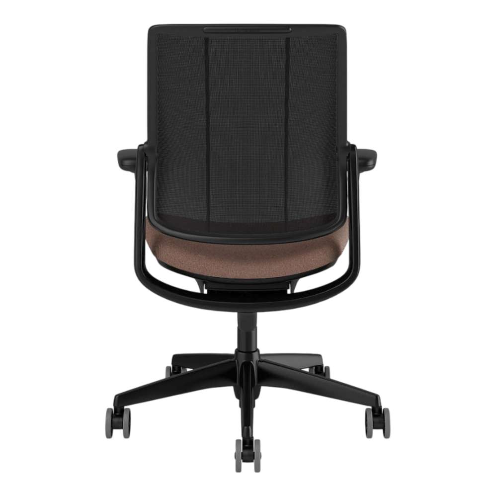 Crate & Barrel Humanscale® Smart Ocean Brown Twill Office Chair shown from the rear with a full view of the mesh back and rolling base