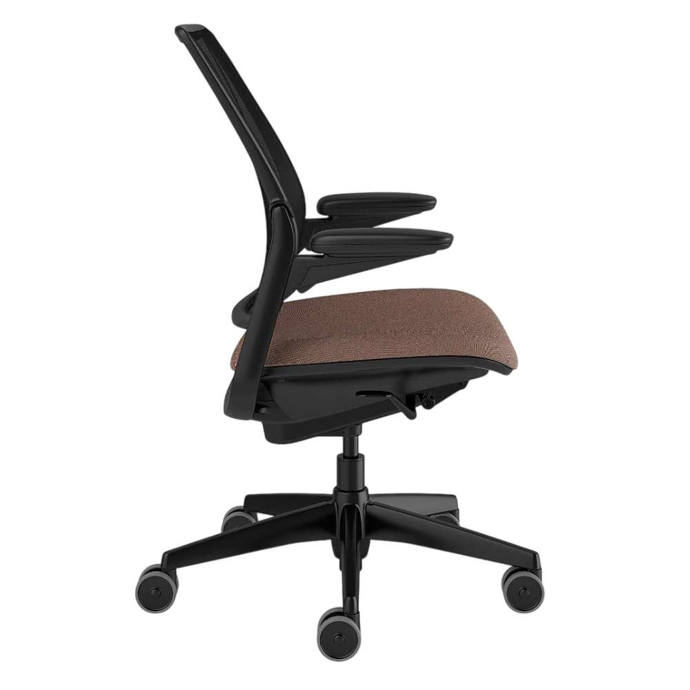 Crate & Barrel Humanscale® Smart Ocean Brown Twill Office Chair shown from the side, highlighting its slim profile, adjustable armrests, and cushioned seat