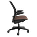 Crate & Barrel Humanscale® Smart Ocean Brown Twill Office Chair shown from the side, highlighting its slim profile, adjustable armrests, and cushioned seat