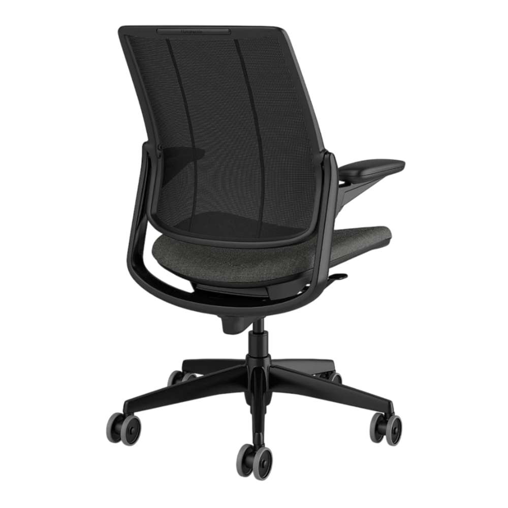 Crate & Barrel Humanscale® Smart Ocean Grey Wool Office Chair shown from the back with a black mesh backrest, grey wool seat, and rolling base