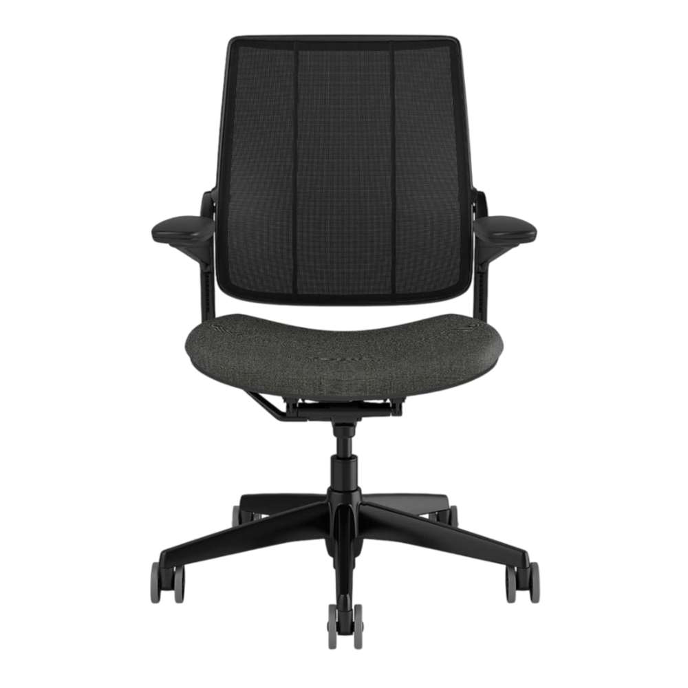 Crate & Barrel Humanscale® Smart Ocean Grey Wool Office Chair shown from the front with a black mesh back, grey wool seat, and caster wheels