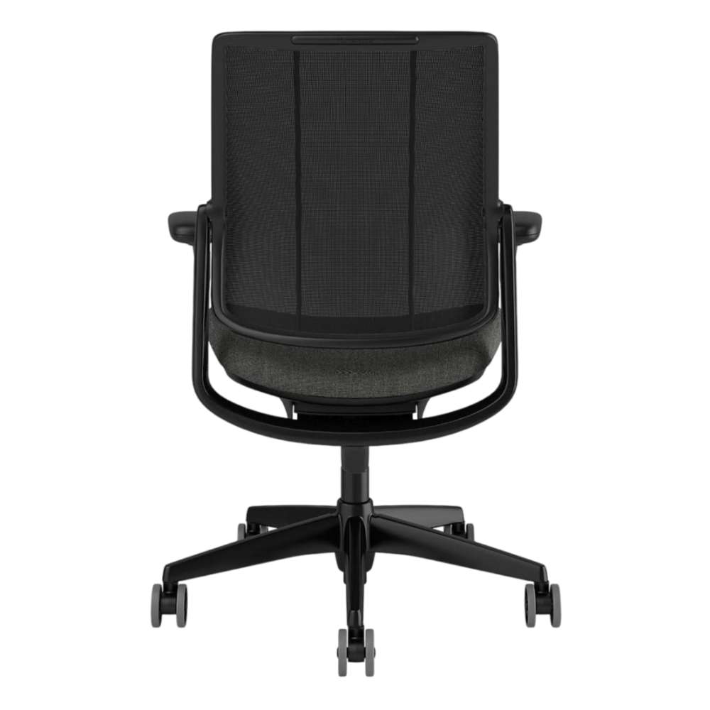 Crate & Barrel Humanscale® Smart Ocean Grey Wool Office Chair shown from the rear with a full view of the mesh back and five-wheel rolling base