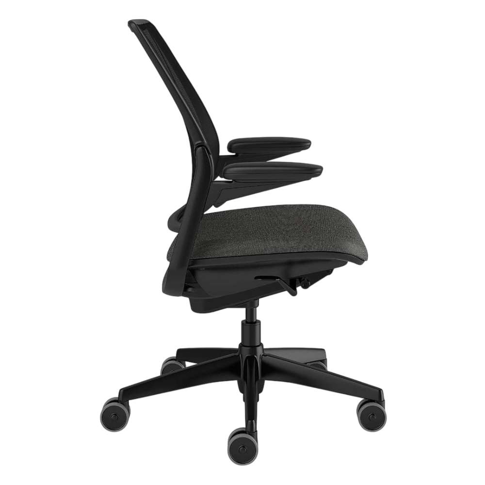 Crate & Barrel Humanscale® Smart Ocean Grey Wool Office Chair shown from the side, highlighting its slim profile, adjustable armrests, and padded seat