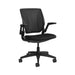 Crate & Barrel Humanscale® World LM Black Seat Task Office Chair features a breathable black mesh back, black upholstered seat, adjustable armrests, and a five-wheel base on a white background