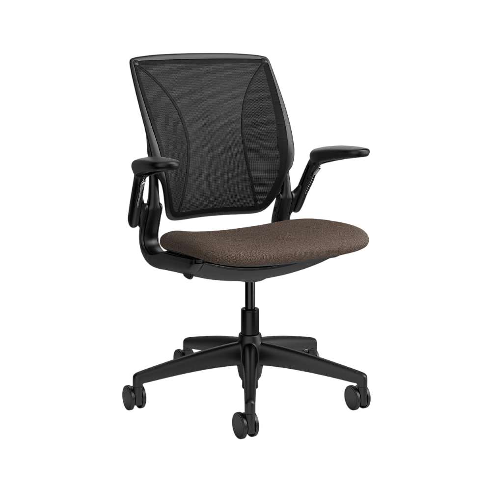 Crate & Barrel Humanscale® World LM Brown Seat Task Office Chair features a breathable black mesh back, brown upholstered seat, adjustable armrests, and a five-wheel base on a white background