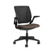 Crate & Barrel Humanscale® World LM Brown Seat Task Office Chair features a breathable black mesh back, brown upholstered seat, adjustable armrests, and a five-wheel base on a white background