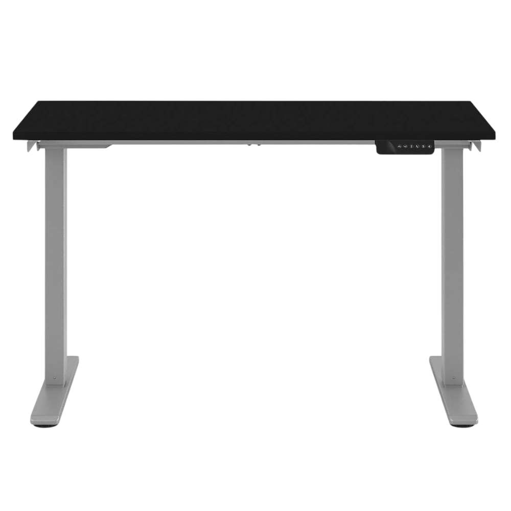 Crate & Barrel Humanscale® eFloat Go 2.0 48" Black Adjustable Standing Charging Desk with a black rectangular top and silver height-adjustable frame