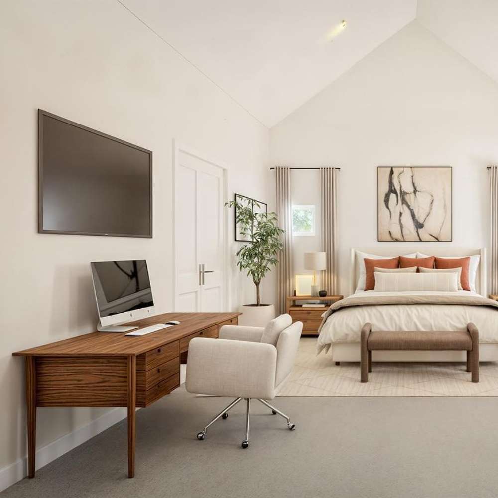 Crate & Barrel Jens Plush Ivory Office Chair placed at a wooden desk in a bright bedroom workspace with neutral décor