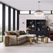 Crate & Barrel Keane 40" Black Wood Storage Bookcase, Set of 2 styled behind a modern sofa in a contemporary living room