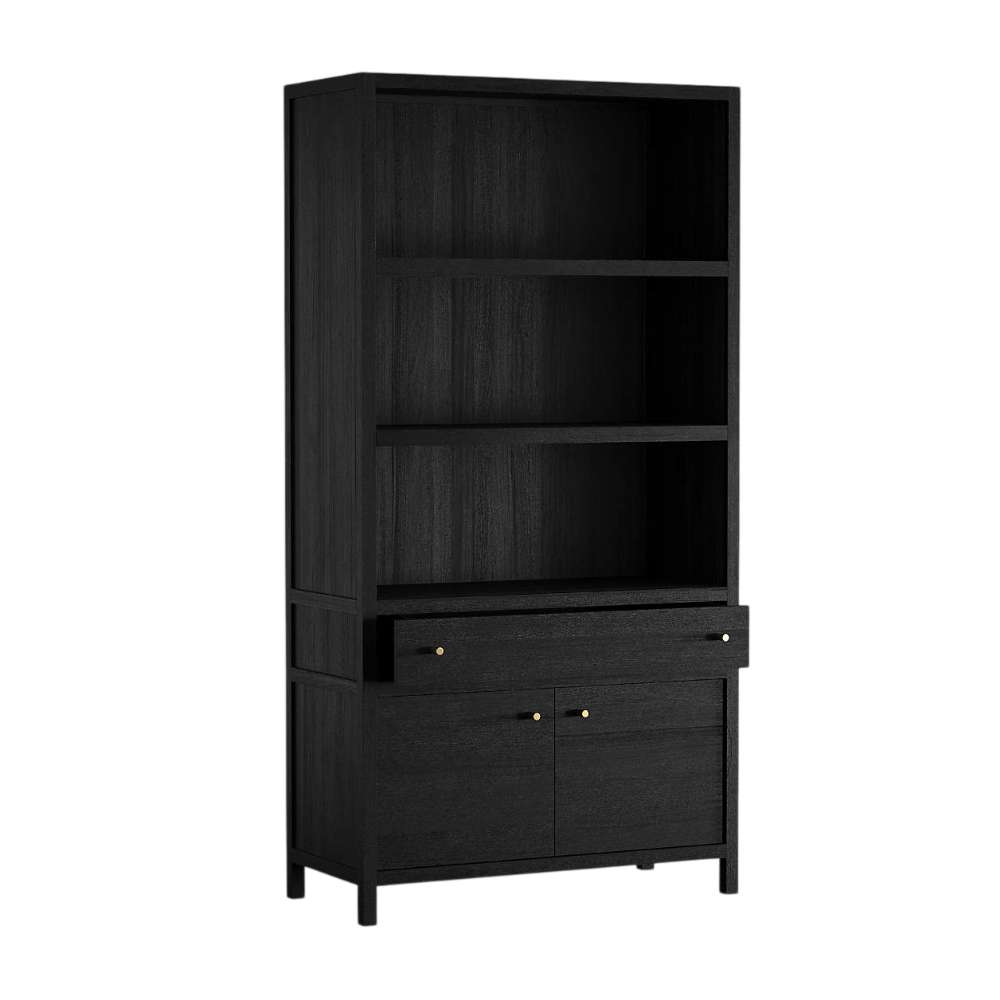 Crate & Barrel Keane 40" Black Wood Storage Bookcase with the center drawer partially open to show hidden storage