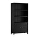 Crate & Barrel Keane 40" Black Wood Storage Bookcase with three open shelves, a drawer, and a lower storage cabinet