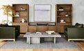 Crate & Barrel Keane 40" Driftwood Storage Bookcase, Set of 2 styled with books and decor in a modern living room