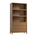 Crate & Barrel Keane 40" Driftwood Storage Bookcase featuring three open shelves, a drawer, and a lower cabinet