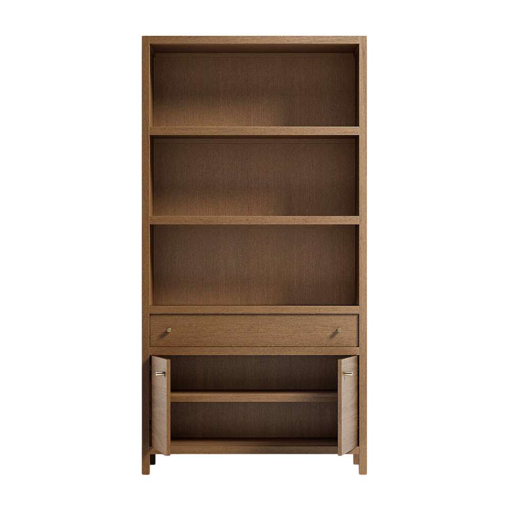 Crate & Barrel Keane 40" Driftwood Storage Bookcase with cabinet doors open, showing interior shelf storage