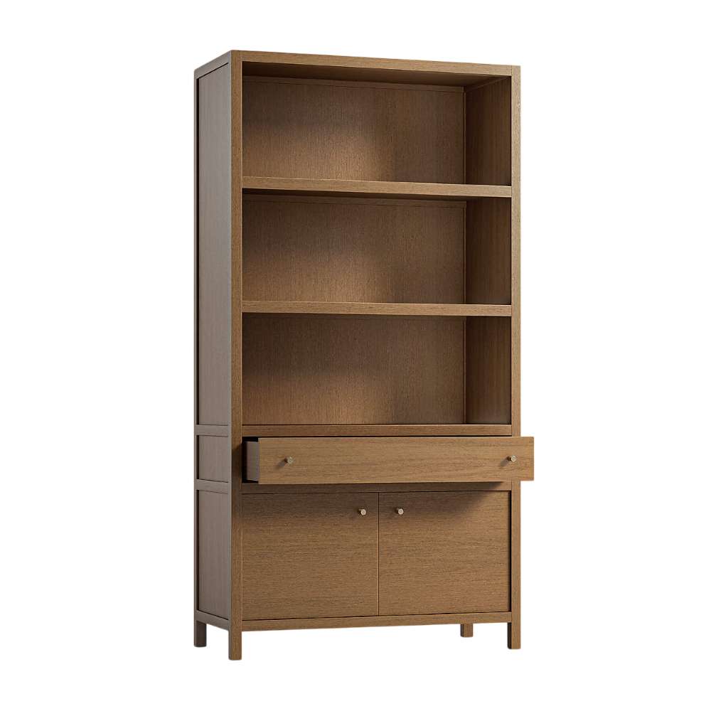 Crate & Barrel Keane 40" Driftwood Storage Bookcase with the center drawer partially open to reveal hidden storage