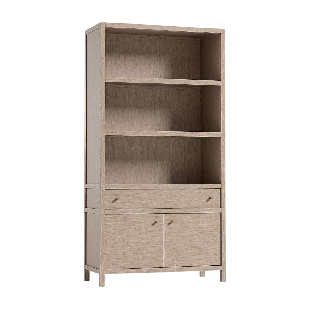 Crate & Barrel Keane 40" Weathered Natural Wood Storage Bookcase featuring three open shelves, a center drawer, and a two-door cabinet below