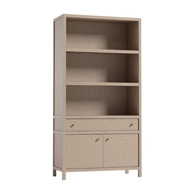 Crate & Barrel Keane 40" Weathered Natural Wood Storage Bookcase featuring three open shelves, a center drawer, and a two-door cabinet below