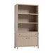 Crate & Barrel Keane 40" Weathered Natural Wood Storage Bookcase featuring three open shelves, a center drawer, and a two-door cabinet below
