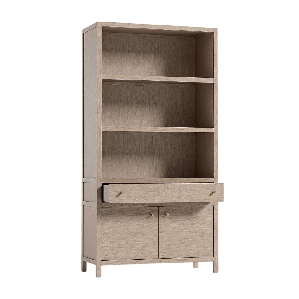 Crate & Barrel Keane 40" Weathered Natural Wood Storage Bookcase shown with its center drawer partially open to reveal storage space