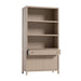Crate & Barrel Keane 40" Weathered Natural Wood Storage Bookcase shown with its center drawer partially open to reveal storage space