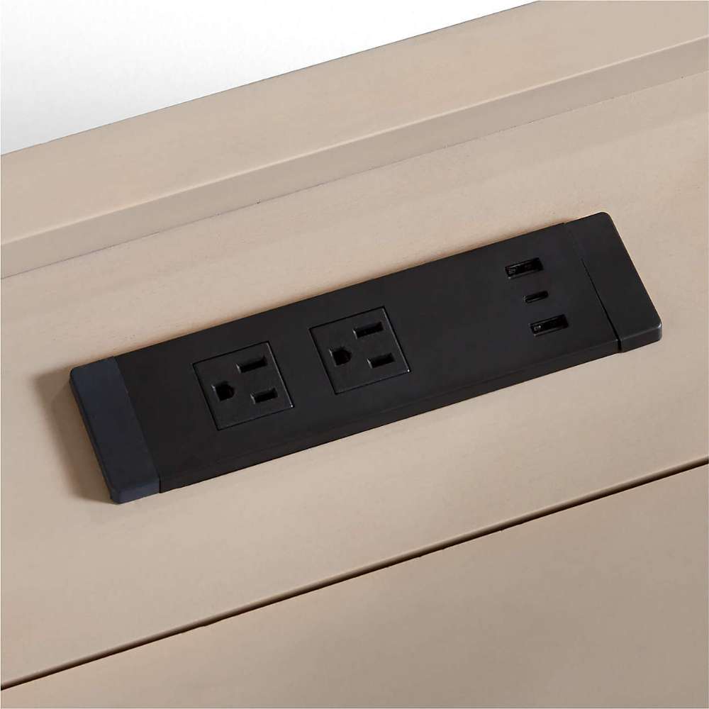 Crate & Barrel Keane 48" Weathered Natural Wood Desk with Outlets close-up of built-in power outlets and USB charging ports