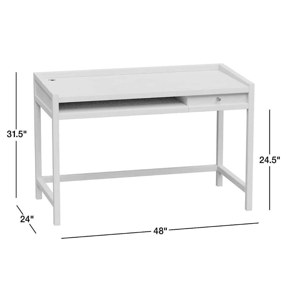 Crate & Barrel Keane 48" Weathered Natural Wood Desk with Outlets dimensions showing a compact desk with a drawer, open shelf, and cable management