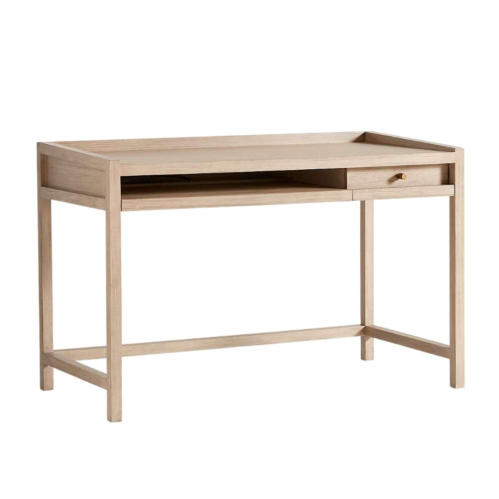 Crate & Barrel Keane 48" Weathered Natural Wood Desk with Outlets featuring a weathered wood finish, open shelf, and single drawer