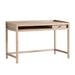 Crate & Barrel Keane 48" Weathered Natural Wood Desk with Outlets featuring a weathered wood finish, open shelf, and single drawer