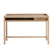 Crate & Barrel Keane 48" Weathered Natural Wood Desk with Outlets front view showing the spacious work surface, drawer, and open storage shelf