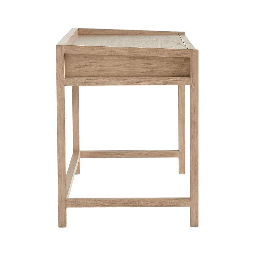 Crate & Barrel Keane 48" Weathered Natural Wood Desk with Outlets side view highlighting its slim profile and sturdy wood frame