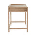 Crate & Barrel Keane 48" Weathered Natural Wood Desk with Outlets side view highlighting its slim profile and sturdy wood frame