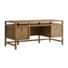Crate & Barrel Keane 65" Solid Driftwood Desk with Outlets angled front view featuring drawers, file storage, and a spacious work area