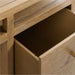 Crate & Barrel Keane 65" Solid Driftwood Desk with Outlets close-up of the file drawer opened to reveal spacious storage