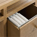 Crate & Barrel Keane 65" Solid Driftwood Desk with Outlets file drawer with hanging file rails for organized document storage