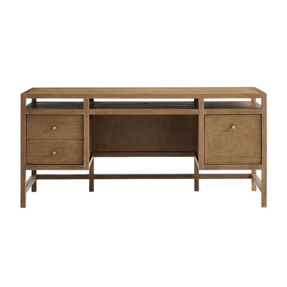 Crate & Barrel Keane 65" Solid Driftwood Desk with Outlets front view displaying two drawers, a file cabinet drawer, and center legroom