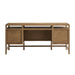 Crate & Barrel Keane 65" Solid Driftwood Desk with Outlets front view displaying two drawers, a file cabinet drawer, and center legroom