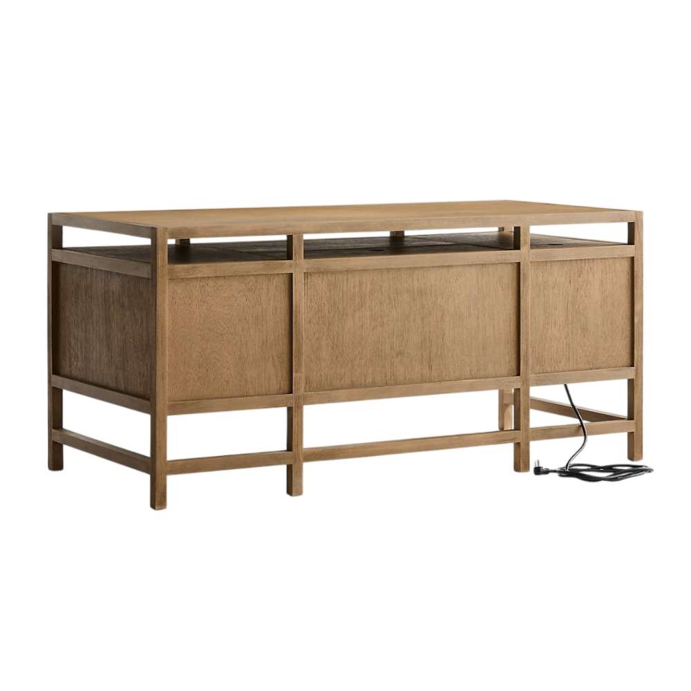 Crate & Barrel Keane 65" Solid Driftwood Desk with Outlets rear angled view showing enclosed back panels and power cord access
