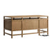 Crate & Barrel Keane 65" Solid Driftwood Desk with Outlets rear angled view showing enclosed back panels and power cord access