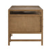 Crate & Barrel Keane 65" Solid Driftwood Desk with Outlets side view highlighting the open storage shelf and sturdy wood frame