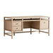Crate & Barrel Keane 65" Weathered Natural Wood Desk with Outlets angled view showcasing its storage drawers and spacious desktop