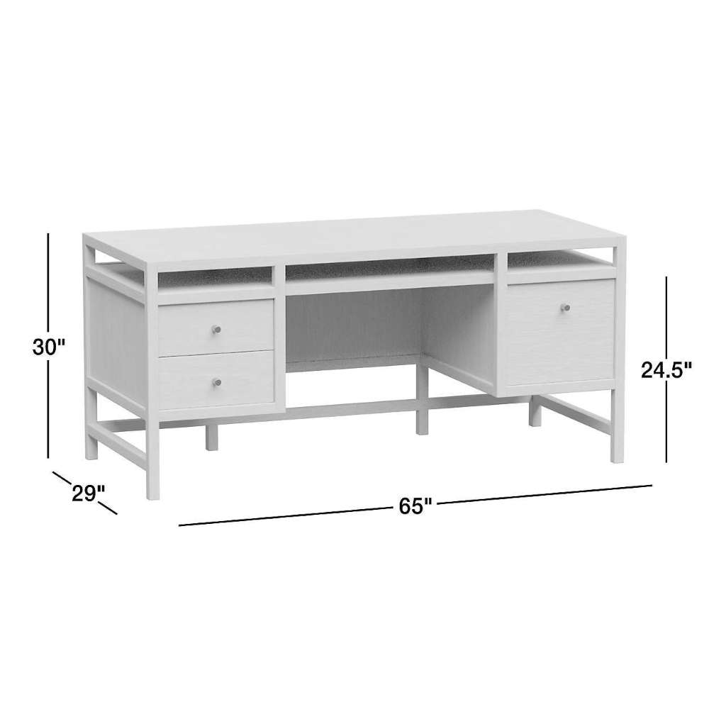 Crate & Barrel Keane 65" Weathered Natural Wood Desk with Outlets dimensions showing a spacious desk with drawers, storage compartments, and a large work surface
