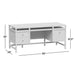 Crate & Barrel Keane 65" Weathered Natural Wood Desk with Outlets dimensions showing a spacious desk with drawers, storage compartments, and a large work surface