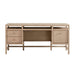 Crate & Barrel Keane 65" Weathered Natural Wood Desk with Outlets front view featuring two drawers, a file cabinet drawer, and center storage