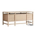 Crate & Barrel Keane 65" Weathered Natural Wood Desk with Outlets rear view showing the enclosed back panels and power cord access